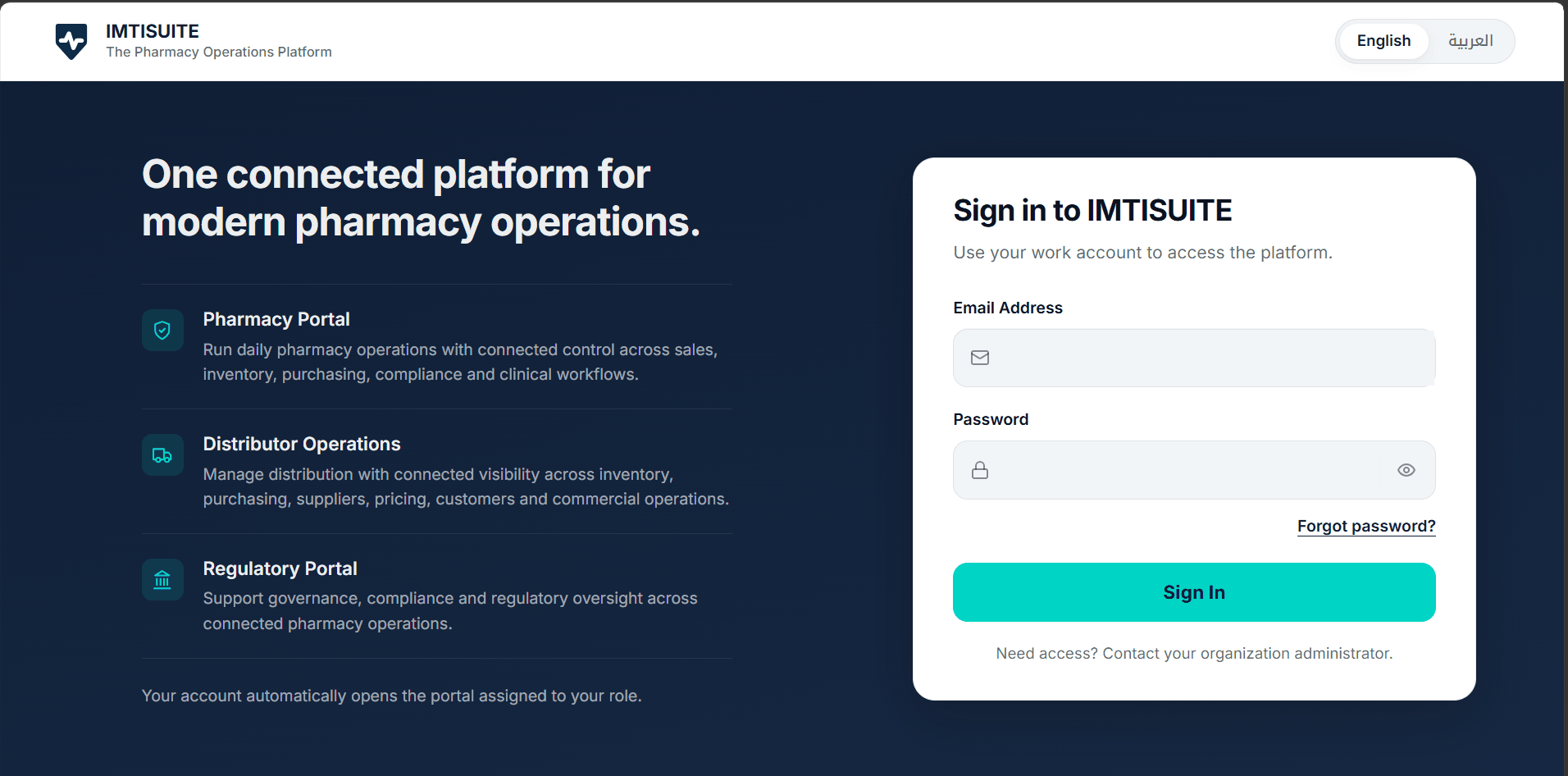 IMTISUITE sign-in screen: one connected platform for modern pharmacy operations, describing the Pharmacy Portal, Distributor Operations and Regulatory Portal beside a work-account sign-in form.