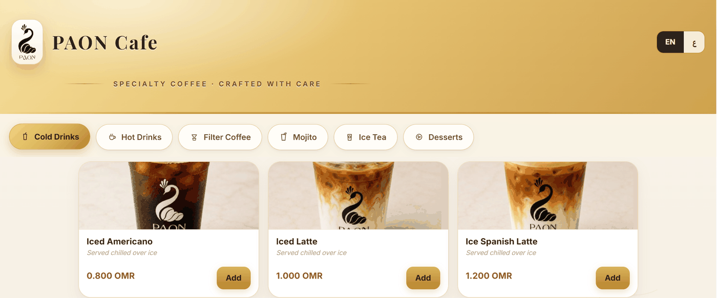PAON Cafe customer-facing ordering screen with category tabs for cold drinks, hot drinks, filter coffee, mojito, ice tea and desserts, and item cards showing name, description, price and an add action.